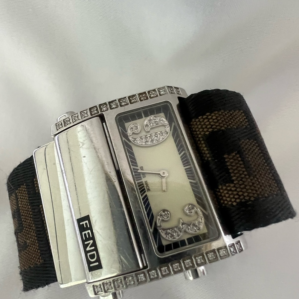 Fendi Silver Watch with Black and Brown Strap